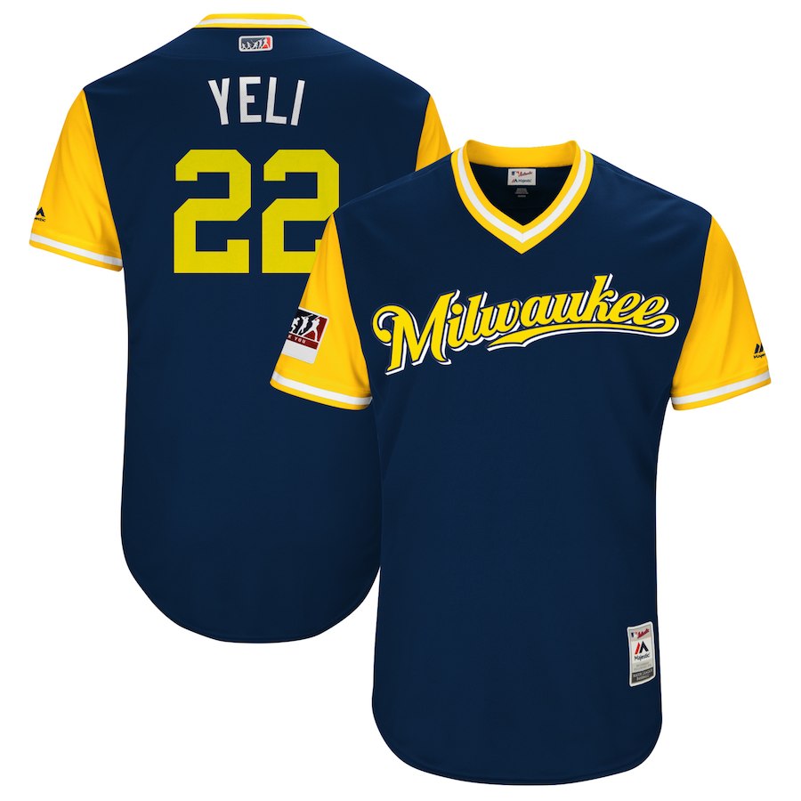 Men's Milwaukee Brewers Christian Yelich "Yeli" Majestic Navy/Yellow 2018 Players' Weekend Jersey